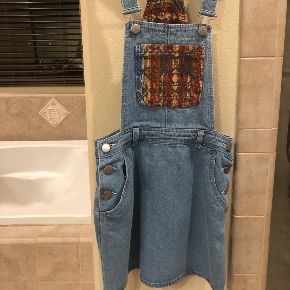 Jean overall dress with Aztec print